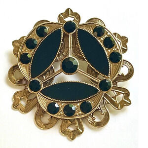 VINTAGE Brooch 2" Black Rhinestones Enamel Vintage Steam Punk Jewelry JU09